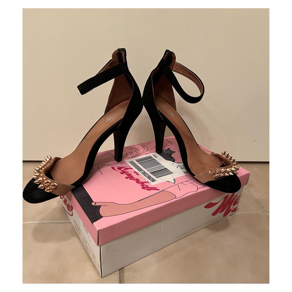 Jeffrey Campbell Burke Heel in Black Suede and Rose Gold Studs